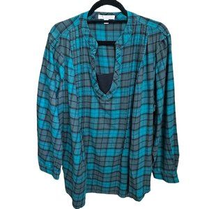 Woman Within size 1X 22/24 green black watch plaid pin tuck flannel shirt